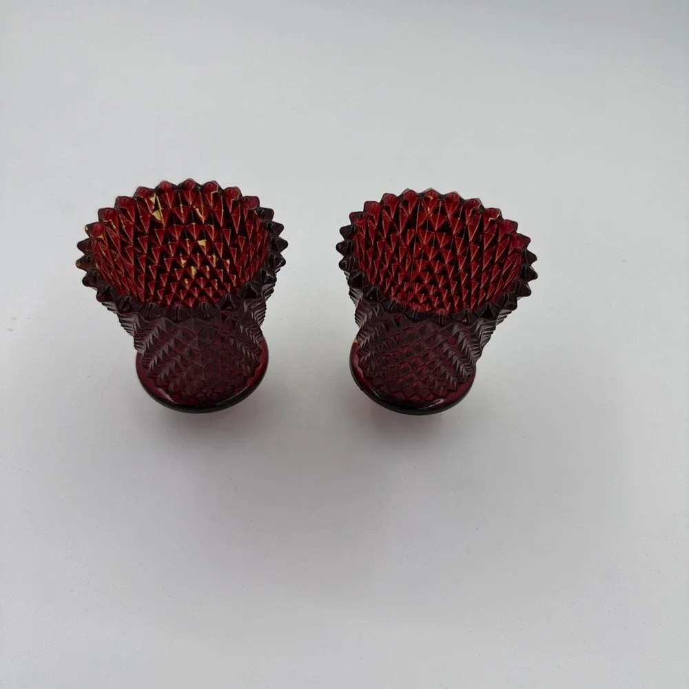 Vintage Homco Ruby Red Diamond Point Pegged Glass Votive 2 Candle Holders